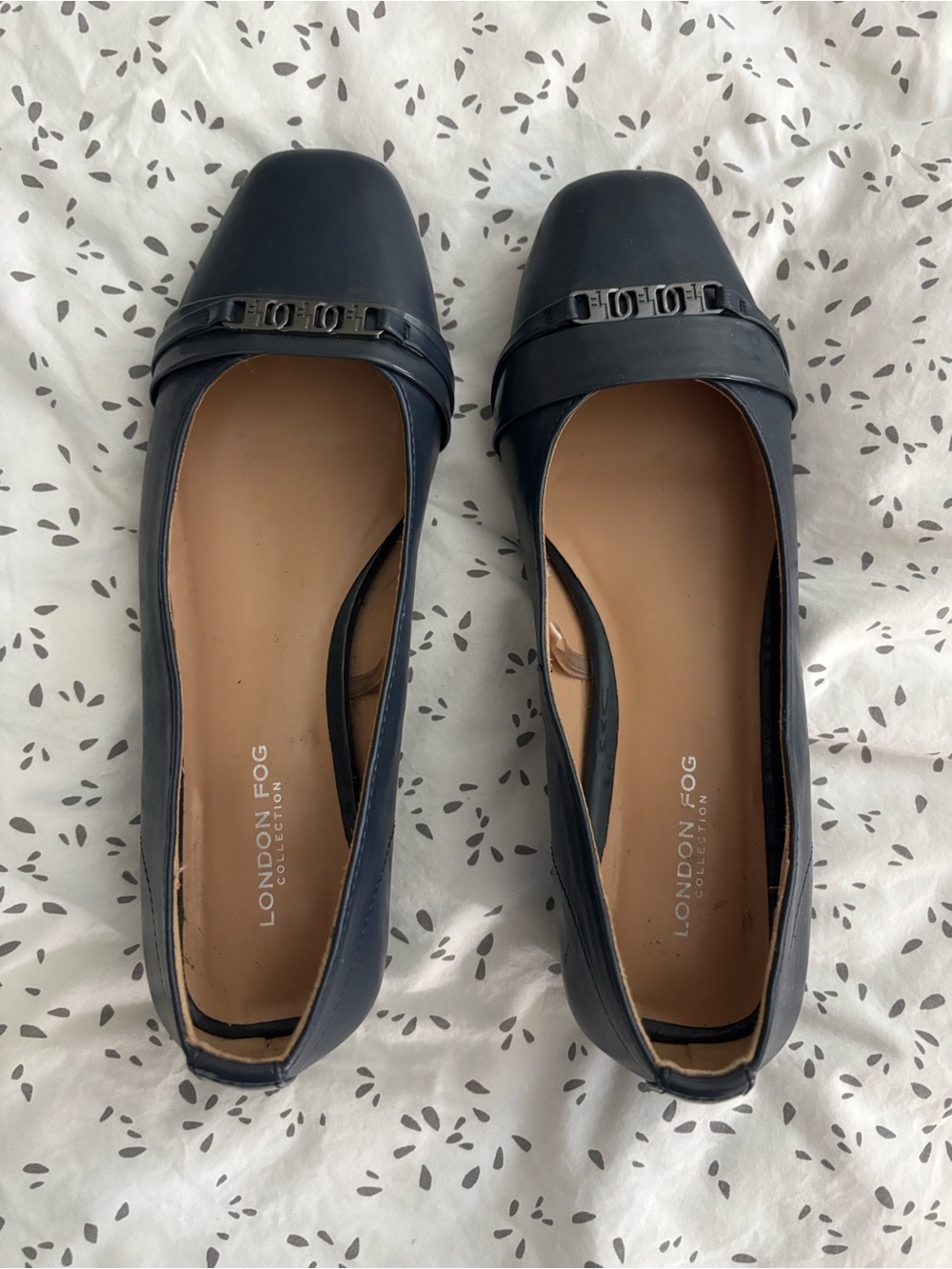 London Fog Navy Square-Toe Slip-On Flats with Decorative Bit